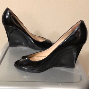 Jimmy Choo Black Patent Peep Toe Wedges